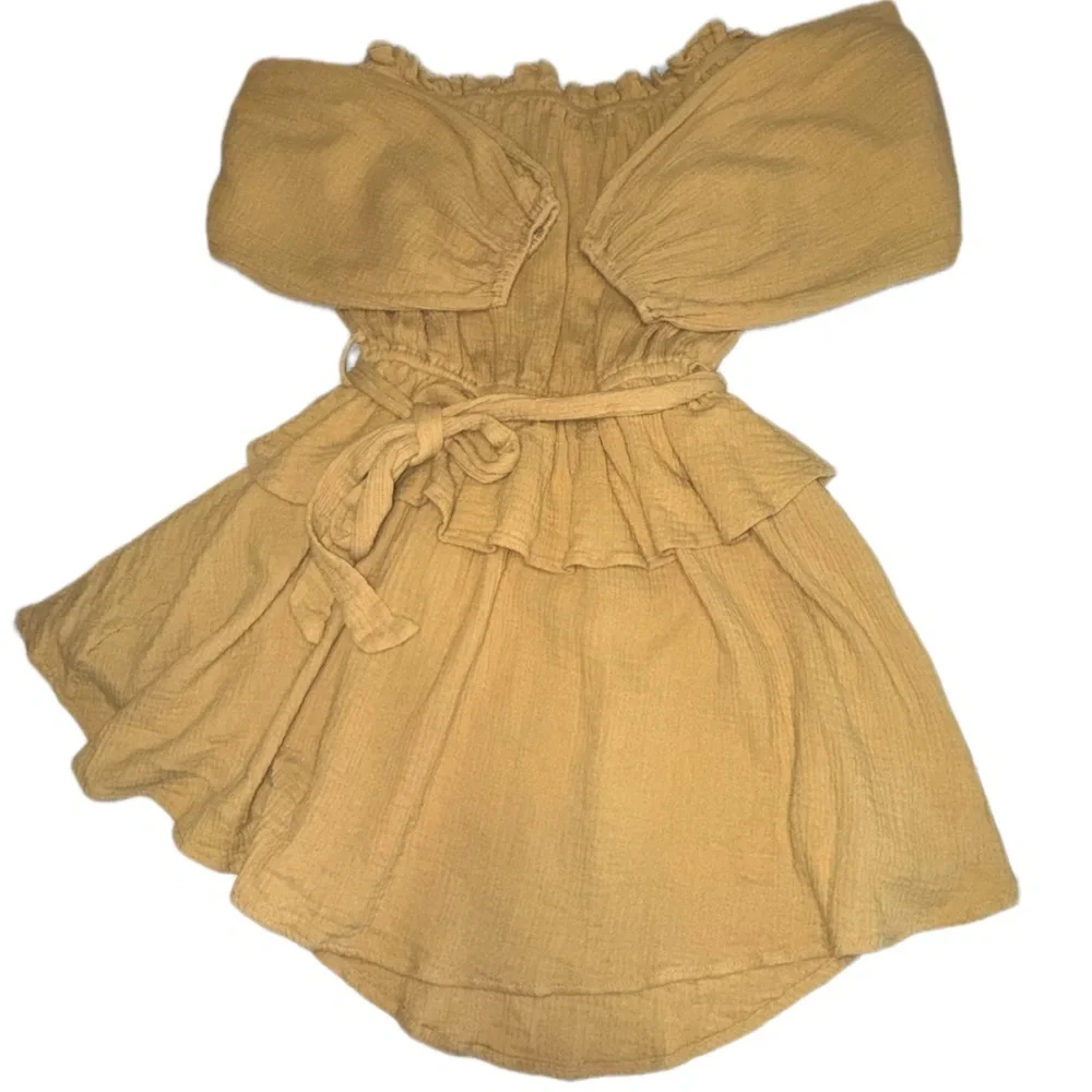 Petal & Pup 100% Cotton Golden Honey Off Shoulder Dress Size M Tie Waist Ruffle - Picture 8 of 11